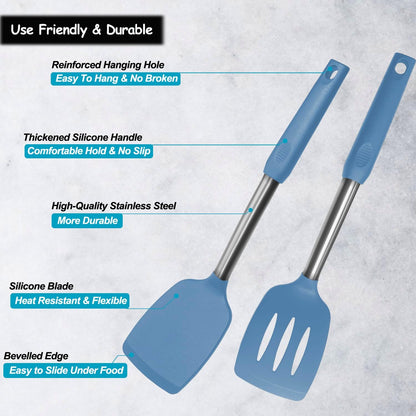 Silicone Spatula and Cooking Spoon,5 Pack Non-Stick Cooking Utensils for Kitchen，Heat Resistant Solid & Slotted Spoons and Spatulas, Stainless Steel Handle Coated with Silicone,Black
