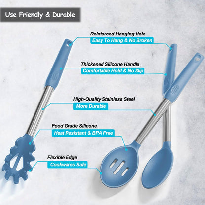 Silicone Spatula and Cooking Spoon,5 Pack Non-Stick Cooking Utensils for Kitchen，Heat Resistant Solid & Slotted Spoons and Spatulas, Stainless Steel Handle Coated with Silicone,Black
