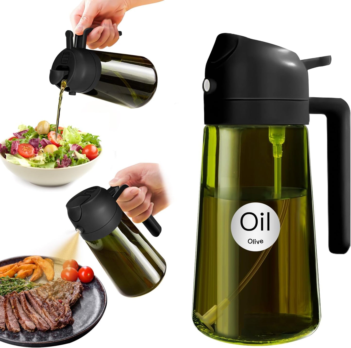 16 oz Dark Glass Olive Oil Sprayer & Dispenser, 2-in-1, Black | Light-blocking dark green glass, food-grade spray and pour bottle for cooking, air fryer, salad and BBQ