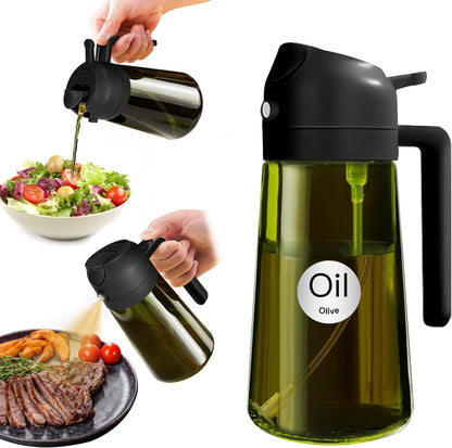 16 oz Dark Glass Olive Oil Sprayer & Dispenser, 2-in-1, Black | Light-blocking dark green glass, food-grade spray and pour bottle for cooking, air fryer, salad and BBQ