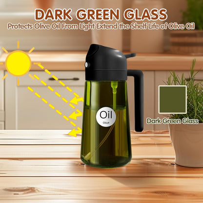16 oz Dark Glass Olive Oil Sprayer & Dispenser, 2-in-1, Black | Light-blocking dark green glass, food-grade spray and pour bottle for cooking, air fryer, salad and BBQ