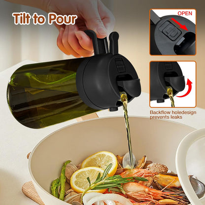 16 oz Dark Glass Olive Oil Sprayer & Dispenser, 2-in-1, Black | Light-blocking dark green glass, food-grade spray and pour bottle for cooking, air fryer, salad and BBQ