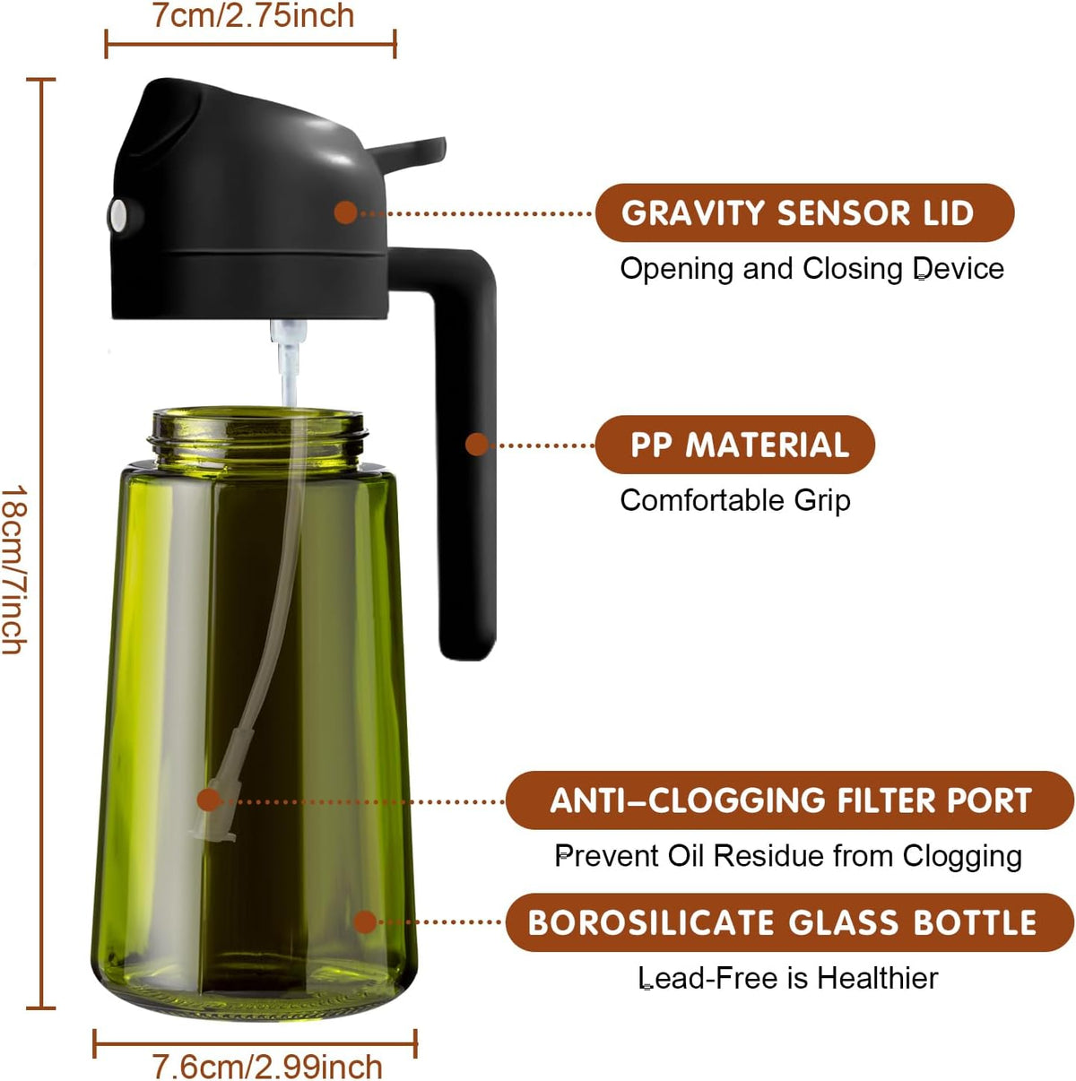 16 oz Dark Glass Olive Oil Sprayer & Dispenser, 2-in-1, Black | Light-blocking dark green glass, food-grade spray and pour bottle for cooking, air fryer, salad and BBQ