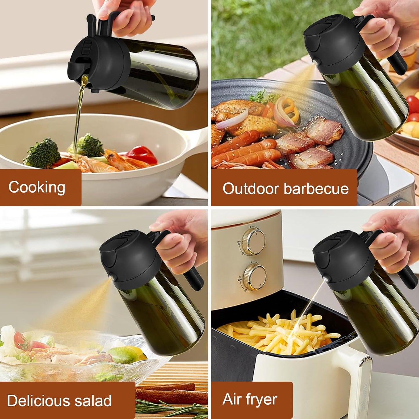 16 oz Dark Glass Olive Oil Sprayer & Dispenser, 2-in-1, Black | Light-blocking dark green glass, food-grade spray and pour bottle for cooking, air fryer, salad and BBQ