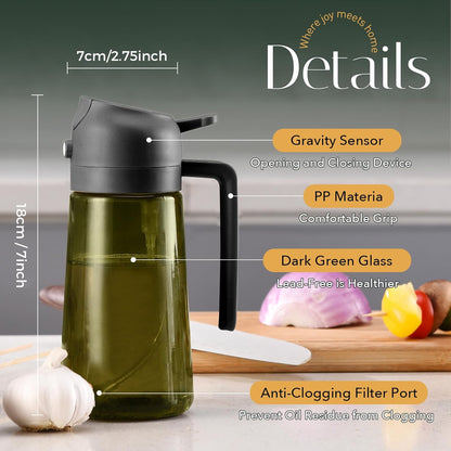 16 oz Dark Glass Olive Oil Sprayer & Dispenser, 2-in-1, Black | Light-blocking dark green glass, food-grade spray and pour bottle for cooking, air fryer, salad and BBQ