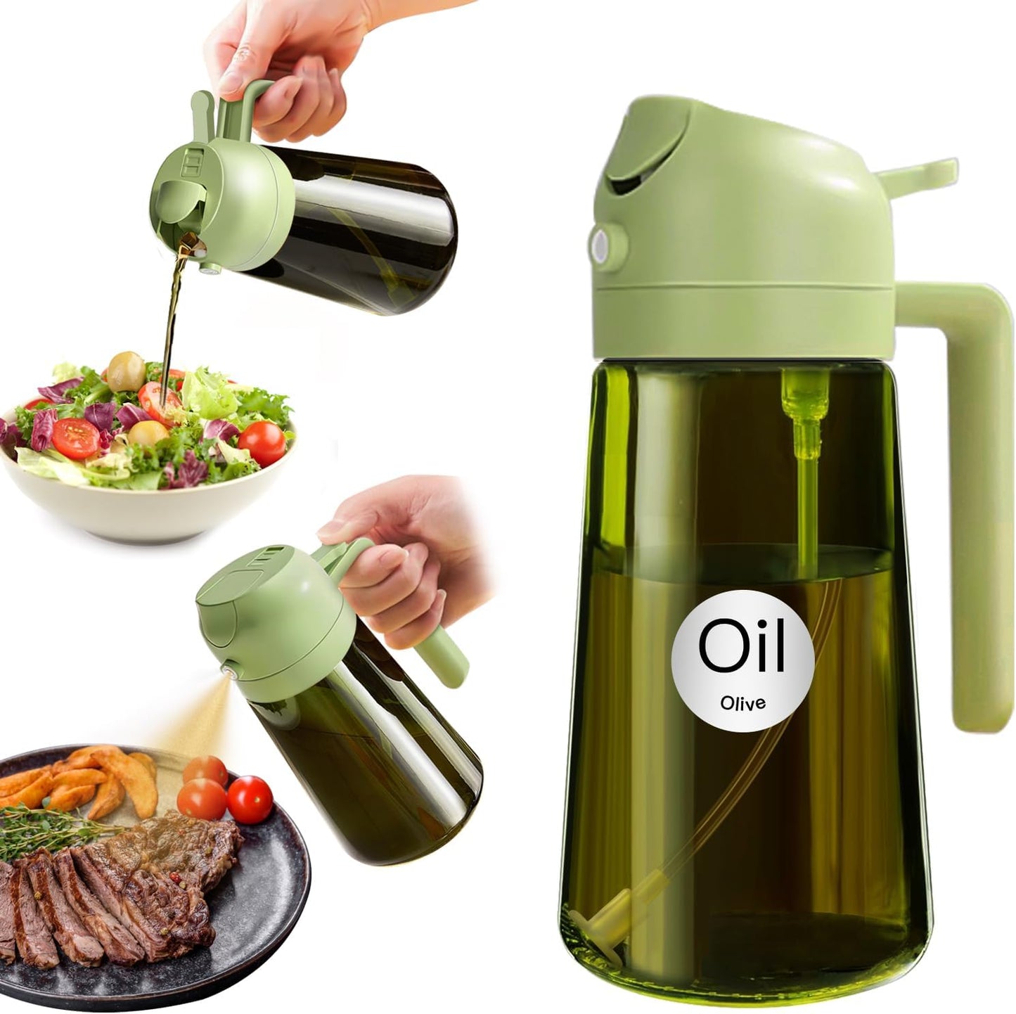 16 oz Dark Glass Olive Oil Sprayer & Dispenser, 2-in-1, Black | Light-blocking dark green glass, food-grade spray and pour bottle for cooking, air fryer, salad and BBQ