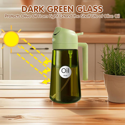16 oz Dark Glass Olive Oil Sprayer & Dispenser, 2-in-1, Black | Light-blocking dark green glass, food-grade spray and pour bottle for cooking, air fryer, salad and BBQ