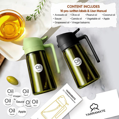 16 oz Dark Glass Olive Oil Sprayer & Dispenser, 2-in-1, Black | Light-blocking dark green glass, food-grade spray and pour bottle for cooking, air fryer, salad and BBQ