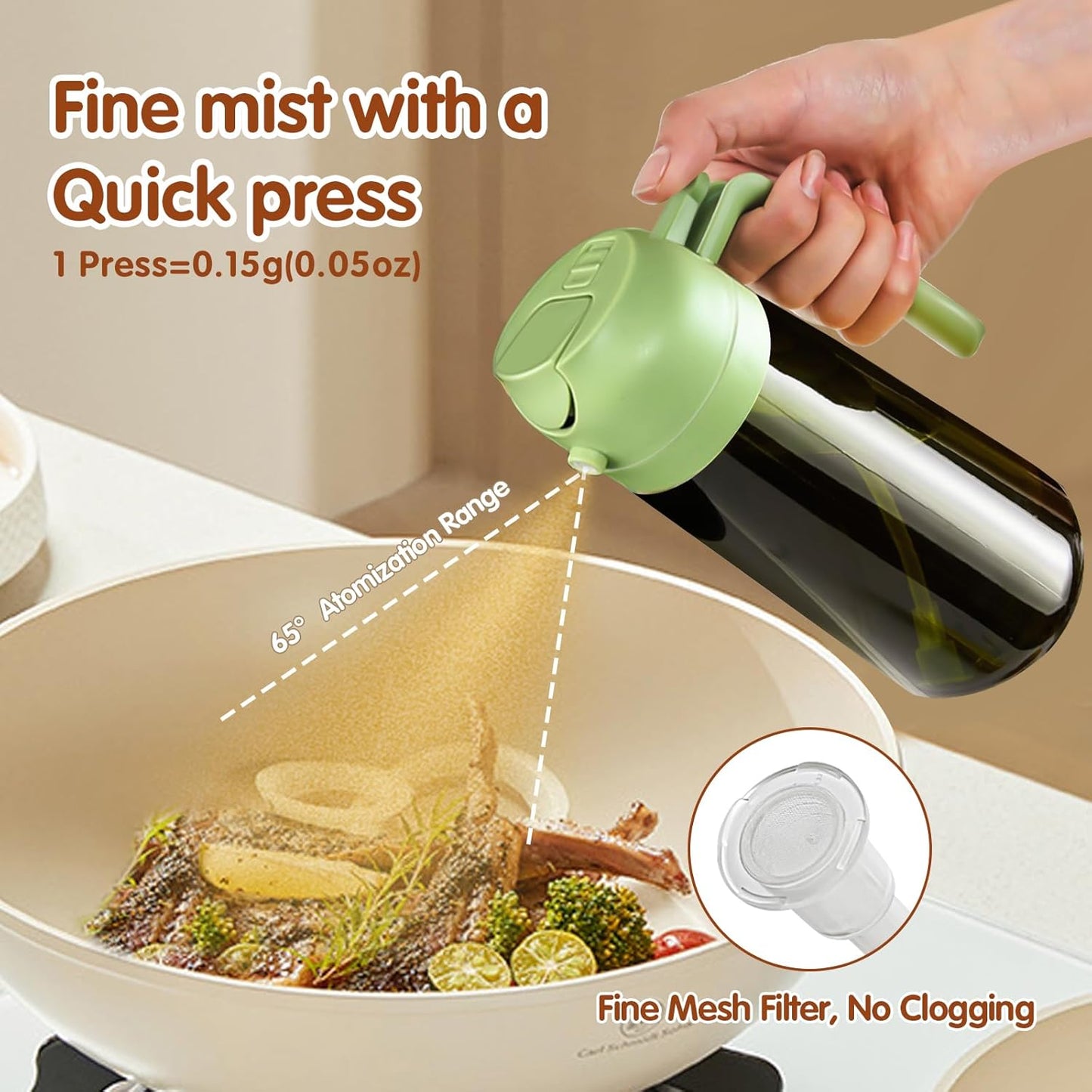 16 oz Dark Glass Olive Oil Sprayer & Dispenser, 2-in-1, Black | Light-blocking dark green glass, food-grade spray and pour bottle for cooking, air fryer, salad and BBQ