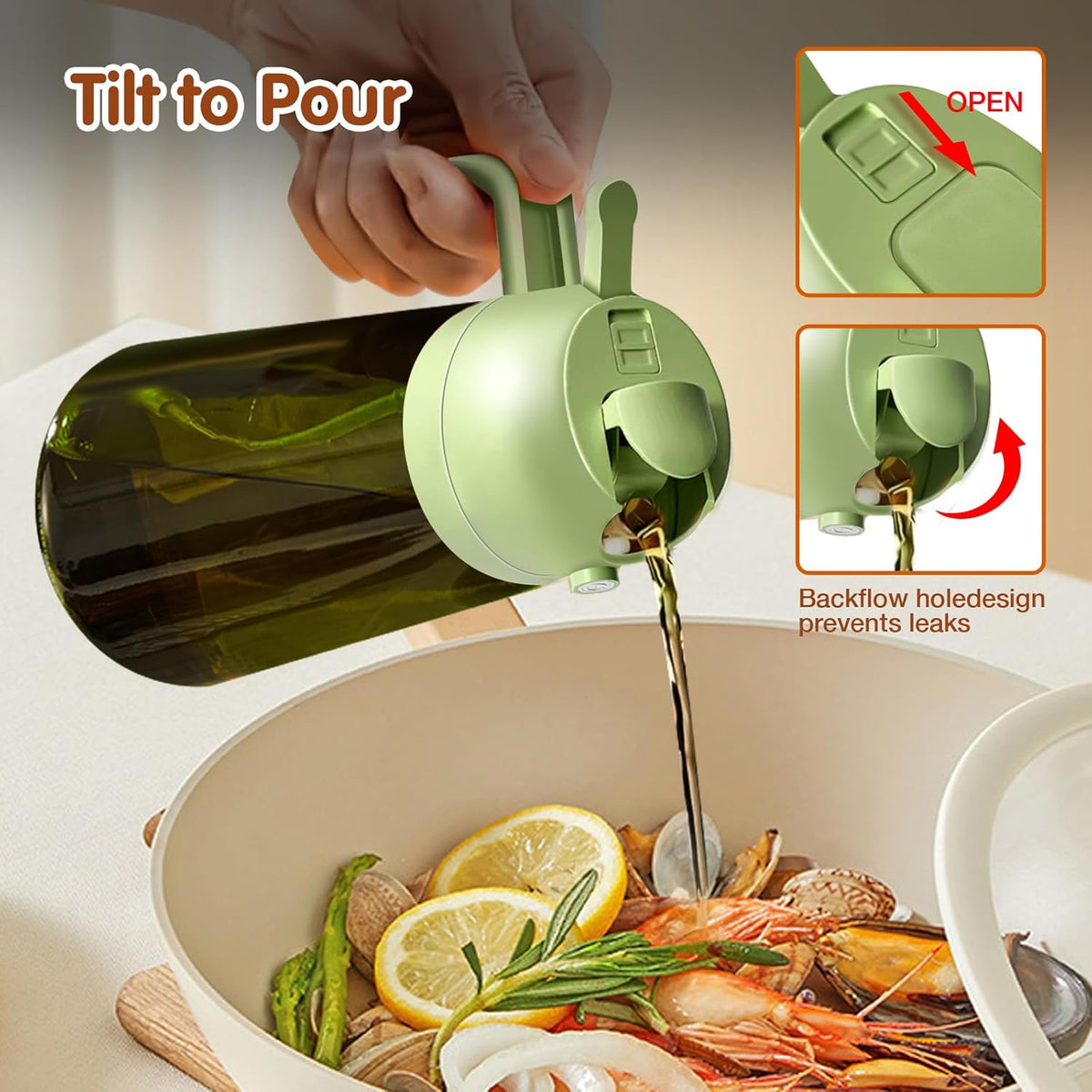16 oz Dark Glass Olive Oil Sprayer & Dispenser, 2-in-1, Black | Light-blocking dark green glass, food-grade spray and pour bottle for cooking, air fryer, salad and BBQ