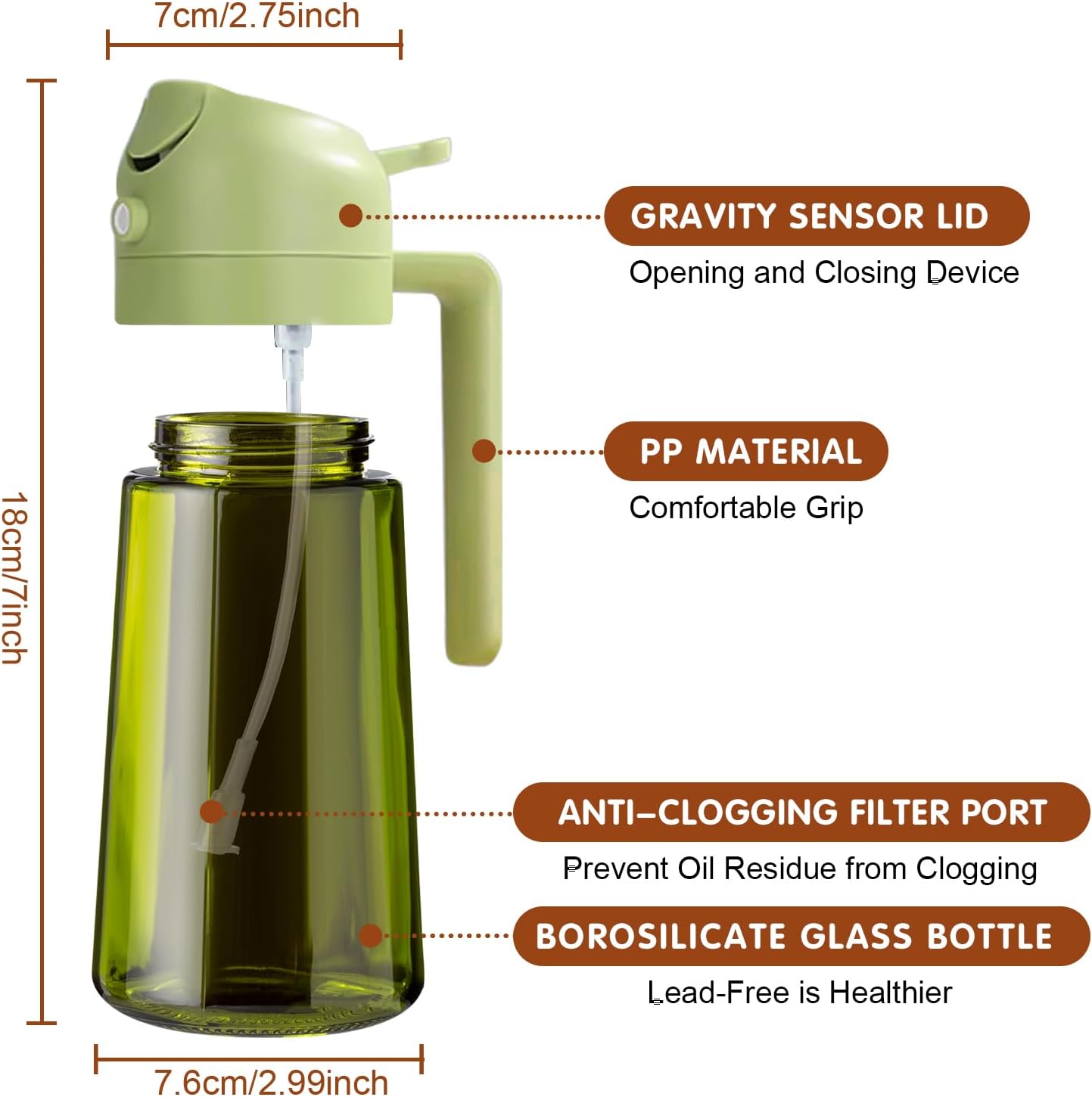 16 oz Dark Glass Olive Oil Sprayer & Dispenser, 2-in-1, Black | Light-blocking dark green glass, food-grade spray and pour bottle for cooking, air fryer, salad and BBQ
