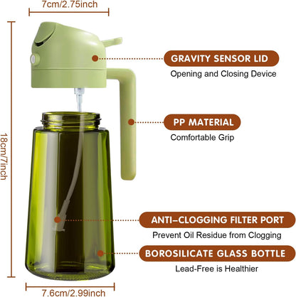 16 oz Dark Glass Olive Oil Sprayer & Dispenser, 2-in-1, Black | Light-blocking dark green glass, food-grade spray and pour bottle for cooking, air fryer, salad and BBQ