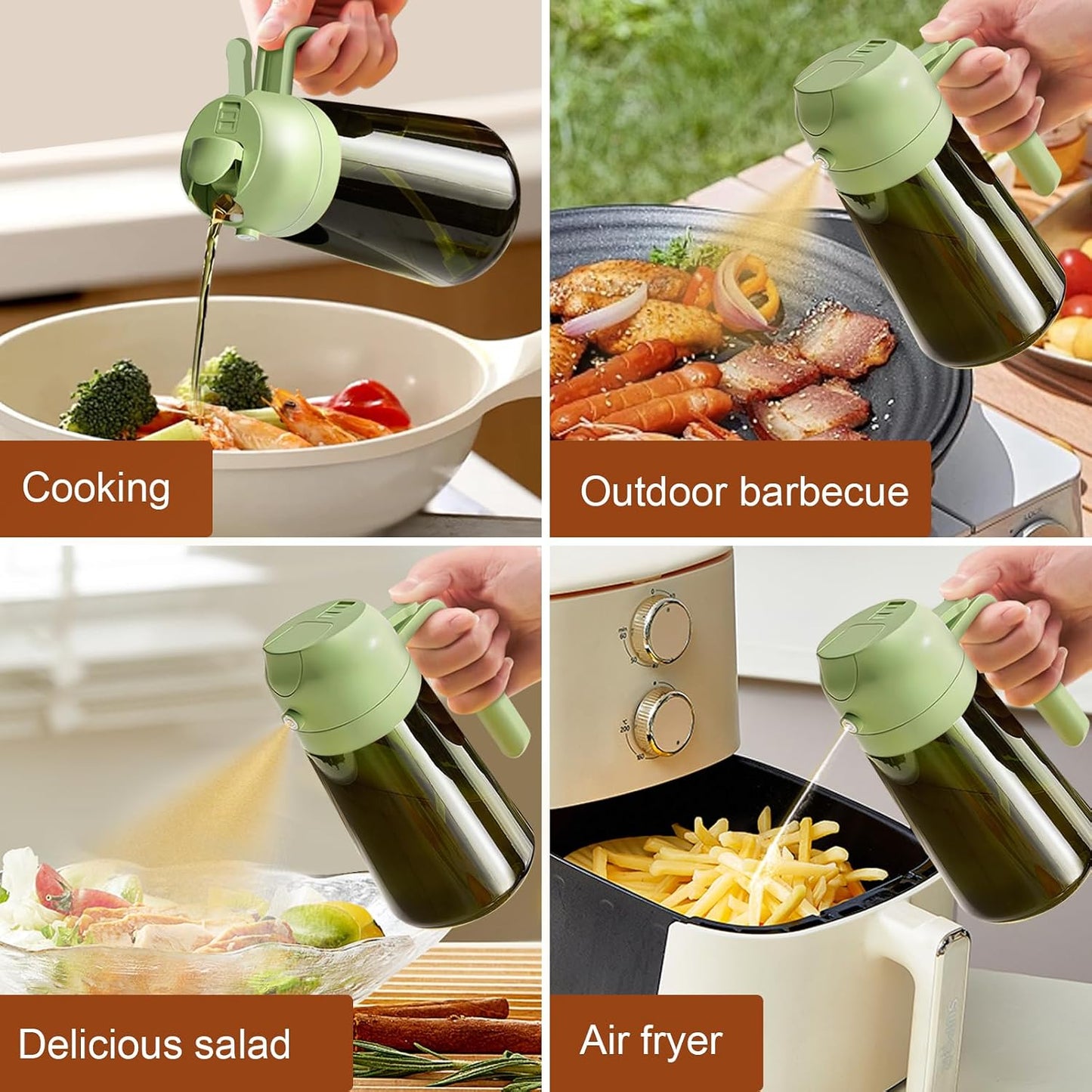 16 oz Dark Glass Olive Oil Sprayer & Dispenser, 2-in-1, Black | Light-blocking dark green glass, food-grade spray and pour bottle for cooking, air fryer, salad and BBQ