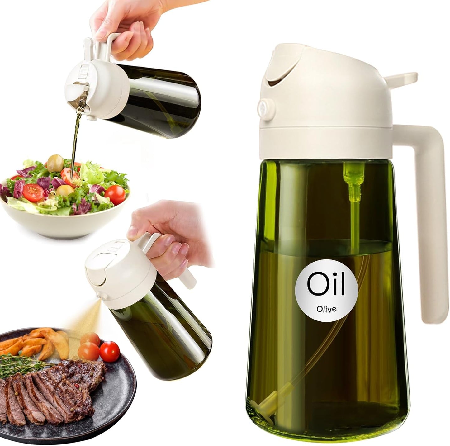 16 oz Dark Glass Olive Oil Sprayer & Dispenser, 2-in-1, Black | Light-blocking dark green glass, food-grade spray and pour bottle for cooking, air fryer, salad and BBQ
