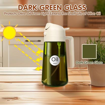 16 oz Dark Glass Olive Oil Sprayer & Dispenser, 2-in-1, Black | Light-blocking dark green glass, food-grade spray and pour bottle for cooking, air fryer, salad and BBQ