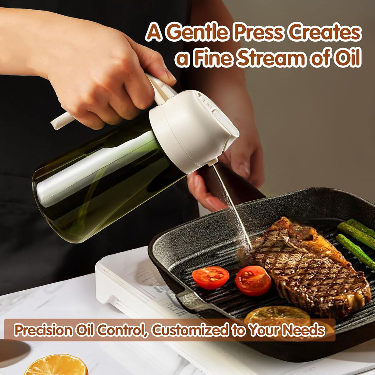 16 oz Dark Glass Olive Oil Sprayer & Dispenser, 2-in-1, Black | Light-blocking dark green glass, food-grade spray and pour bottle for cooking, air fryer, salad and BBQ