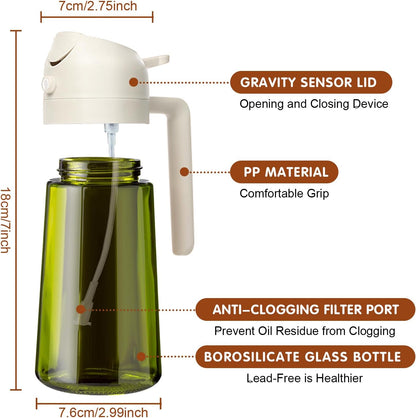 16 oz Dark Glass Olive Oil Sprayer & Dispenser, 2-in-1, Black | Light-blocking dark green glass, food-grade spray and pour bottle for cooking, air fryer, salad and BBQ