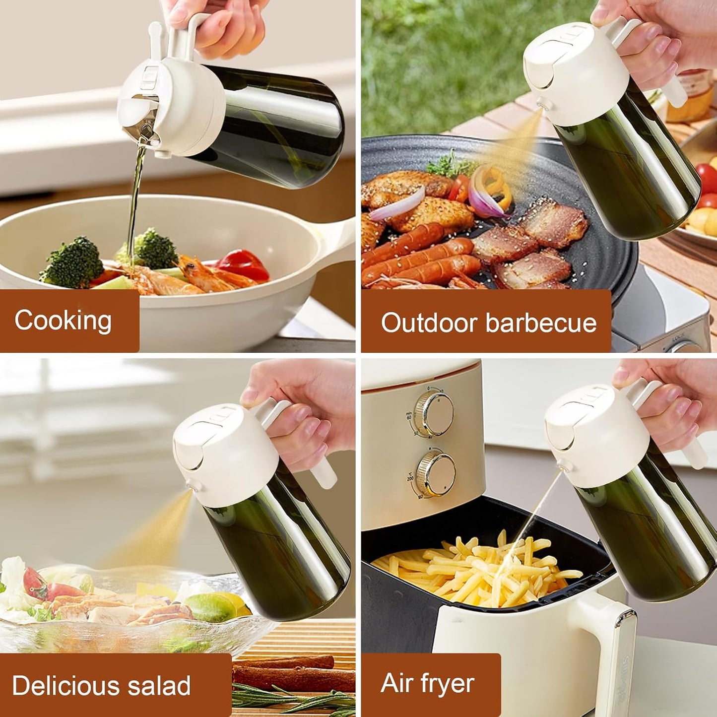 16 oz Dark Glass Olive Oil Sprayer & Dispenser, 2-in-1, Black | Light-blocking dark green glass, food-grade spray and pour bottle for cooking, air fryer, salad and BBQ