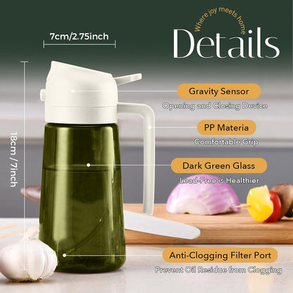 16 oz Dark Glass Olive Oil Sprayer & Dispenser, 2-in-1, Black | Light-blocking dark green glass, food-grade spray and pour bottle for cooking, air fryer, salad and BBQ