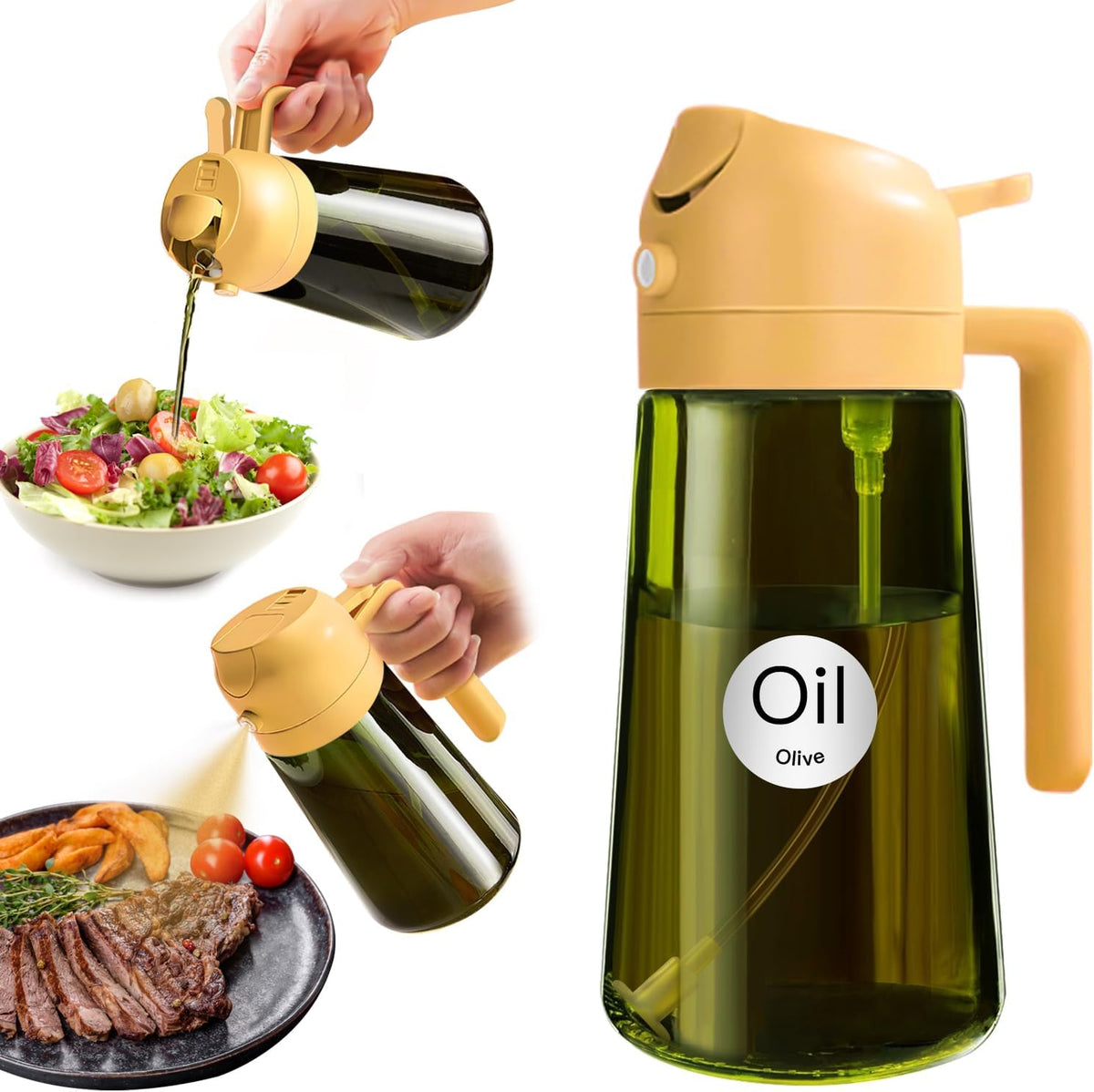 16 oz Dark Glass Olive Oil Sprayer & Dispenser, 2-in-1, Black | Light-blocking dark green glass, food-grade spray and pour bottle for cooking, air fryer, salad and BBQ