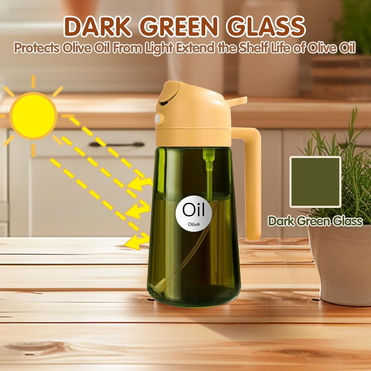 16 oz Dark Glass Olive Oil Sprayer & Dispenser, 2-in-1, Black | Light-blocking dark green glass, food-grade spray and pour bottle for cooking, air fryer, salad and BBQ