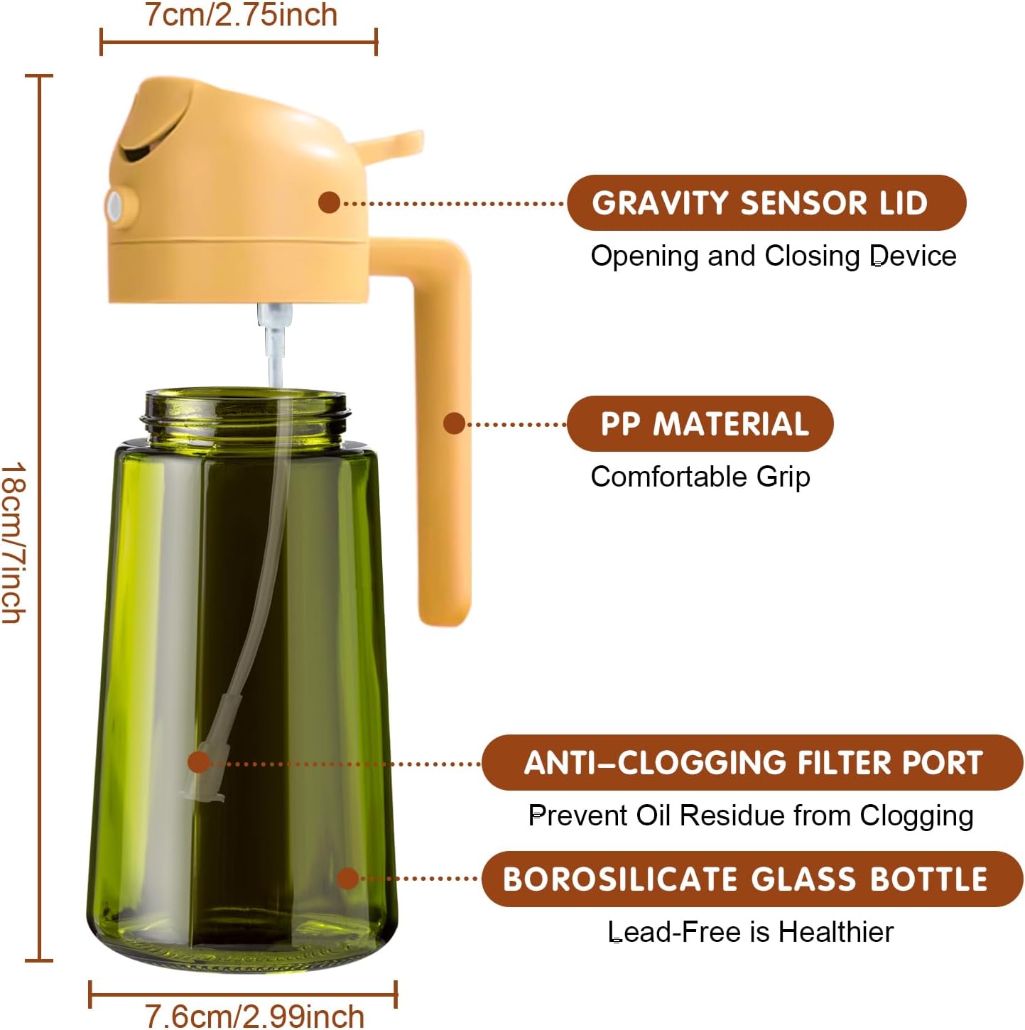 16 oz Dark Glass Olive Oil Sprayer & Dispenser, 2-in-1, Black | Light-blocking dark green glass, food-grade spray and pour bottle for cooking, air fryer, salad and BBQ