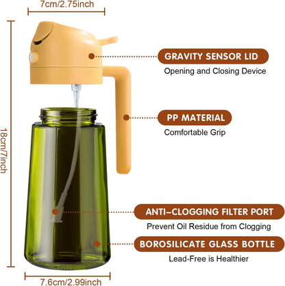 16 oz Dark Glass Olive Oil Sprayer & Dispenser, 2-in-1, Black | Light-blocking dark green glass, food-grade spray and pour bottle for cooking, air fryer, salad and BBQ