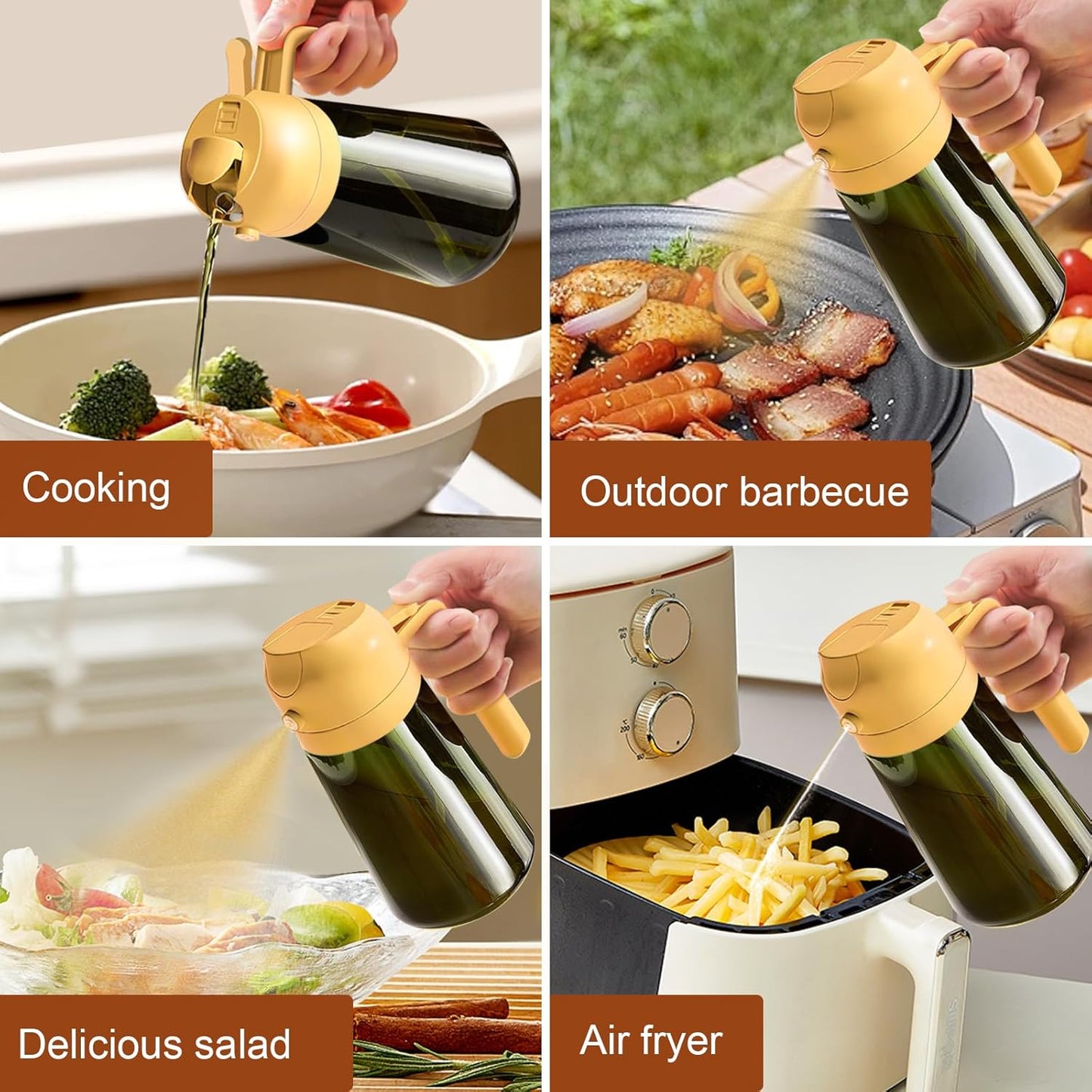 16 oz Dark Glass Olive Oil Sprayer & Dispenser, 2-in-1, Black | Light-blocking dark green glass, food-grade spray and pour bottle for cooking, air fryer, salad and BBQ