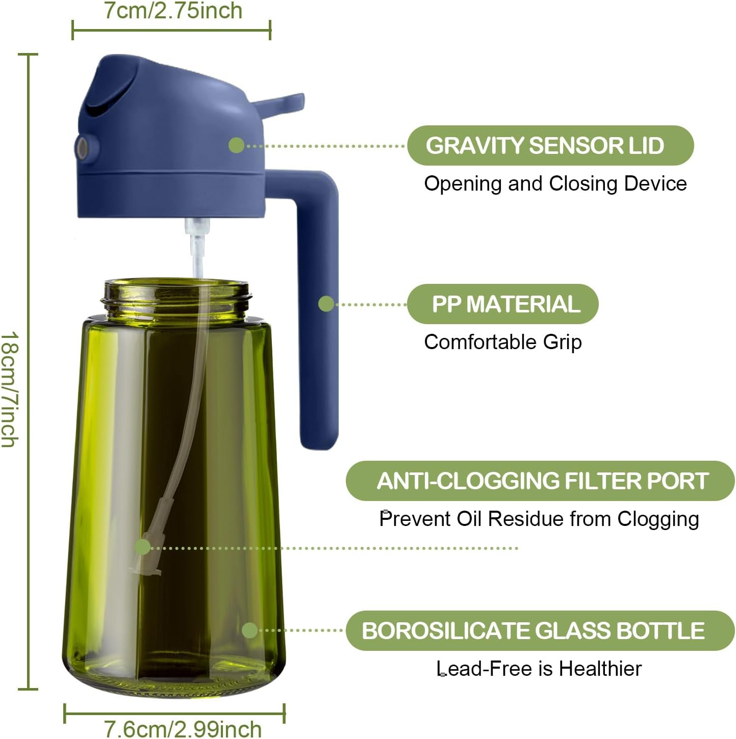 16 oz Dark Glass Olive Oil Sprayer & Dispenser, 2-in-1, Black | Light-blocking dark green glass, food-grade spray and pour bottle for cooking, air fryer, salad and BBQ