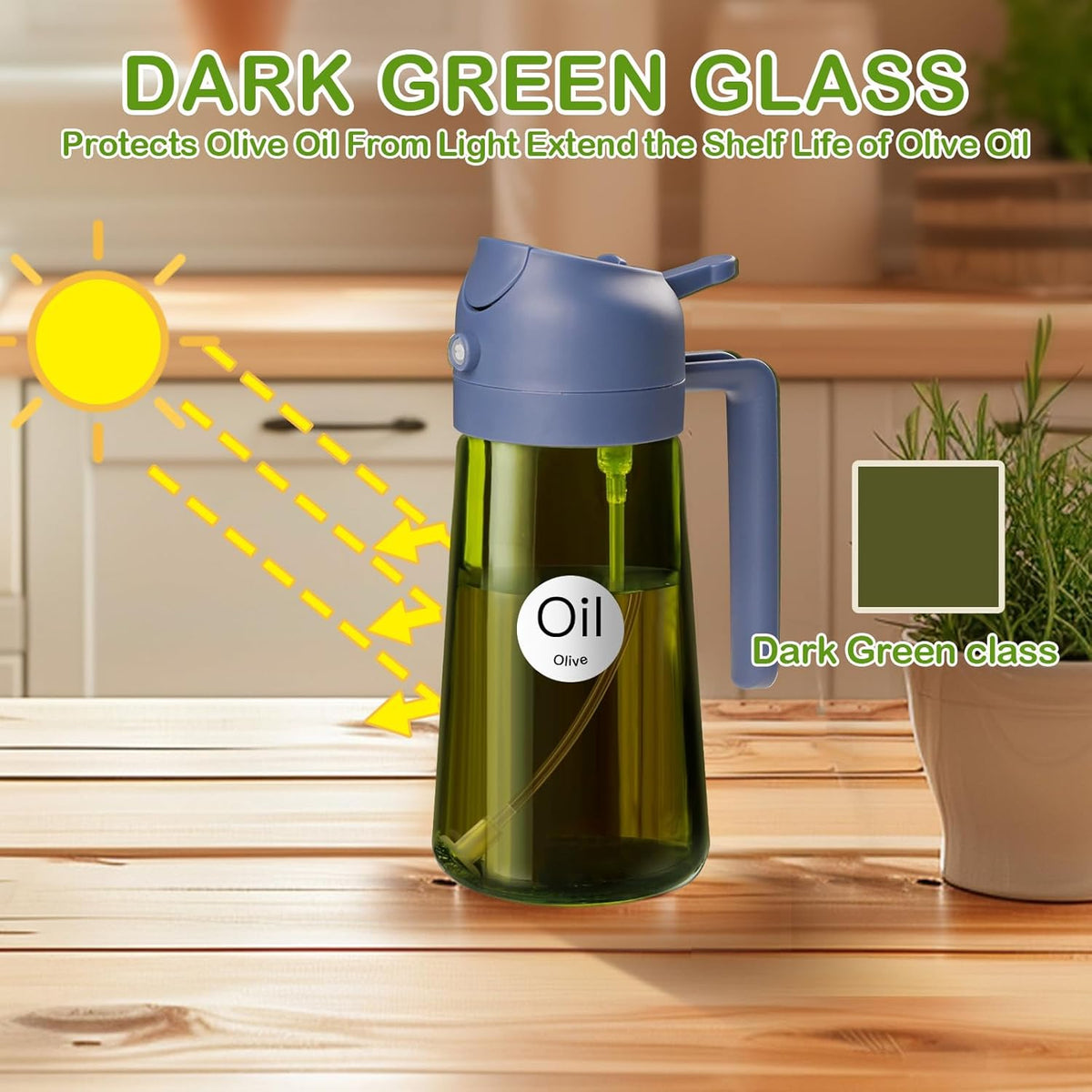 16 oz Dark Glass Olive Oil Sprayer & Dispenser, 2-in-1, Black | Light-blocking dark green glass, food-grade spray and pour bottle for cooking, air fryer, salad and BBQ