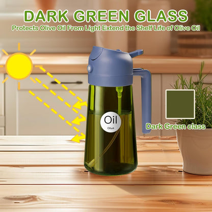 16 oz Dark Glass Olive Oil Sprayer & Dispenser, 2-in-1, Black | Light-blocking dark green glass, food-grade spray and pour bottle for cooking, air fryer, salad and BBQ