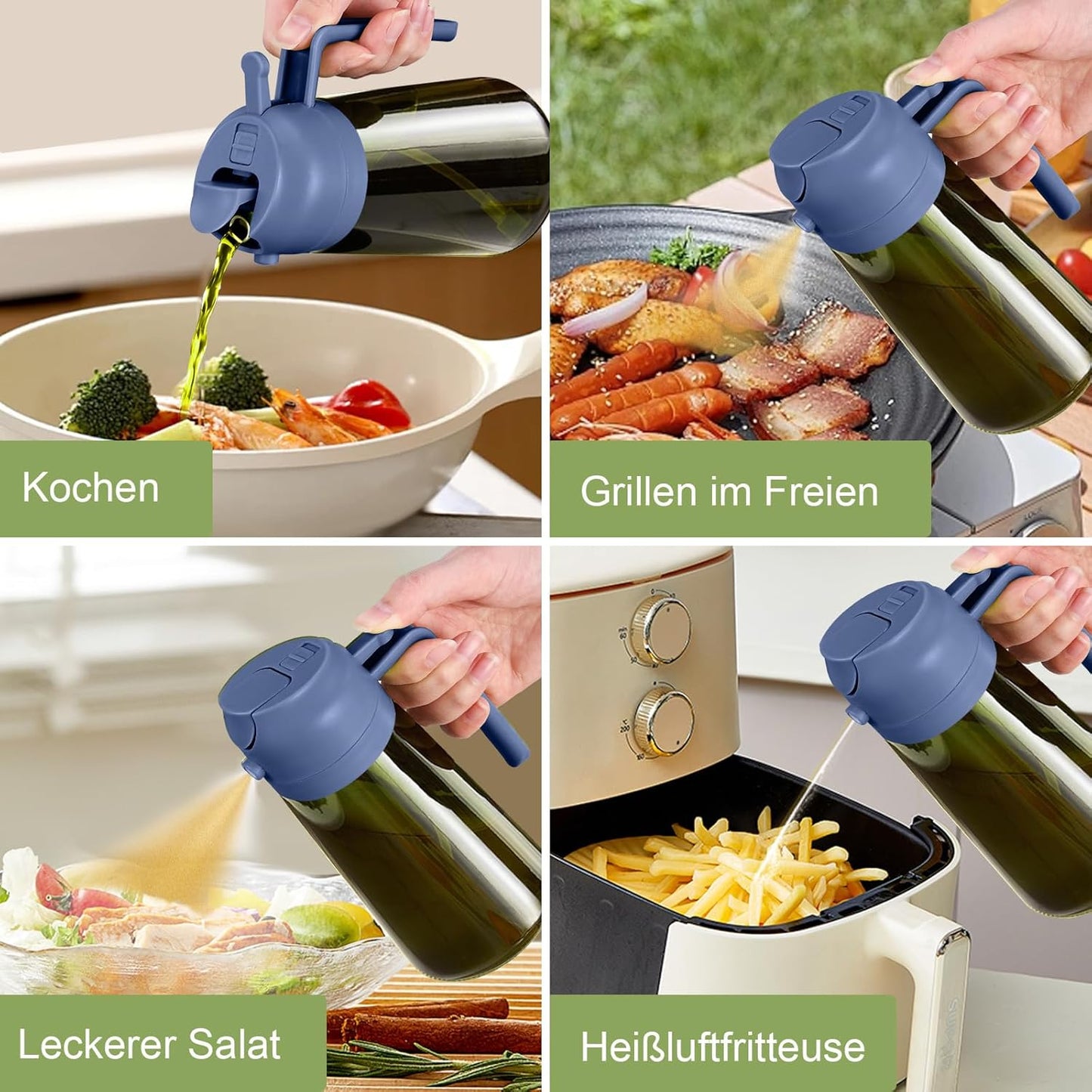16 oz Dark Glass Olive Oil Sprayer & Dispenser, 2-in-1, Black | Light-blocking dark green glass, food-grade spray and pour bottle for cooking, air fryer, salad and BBQ