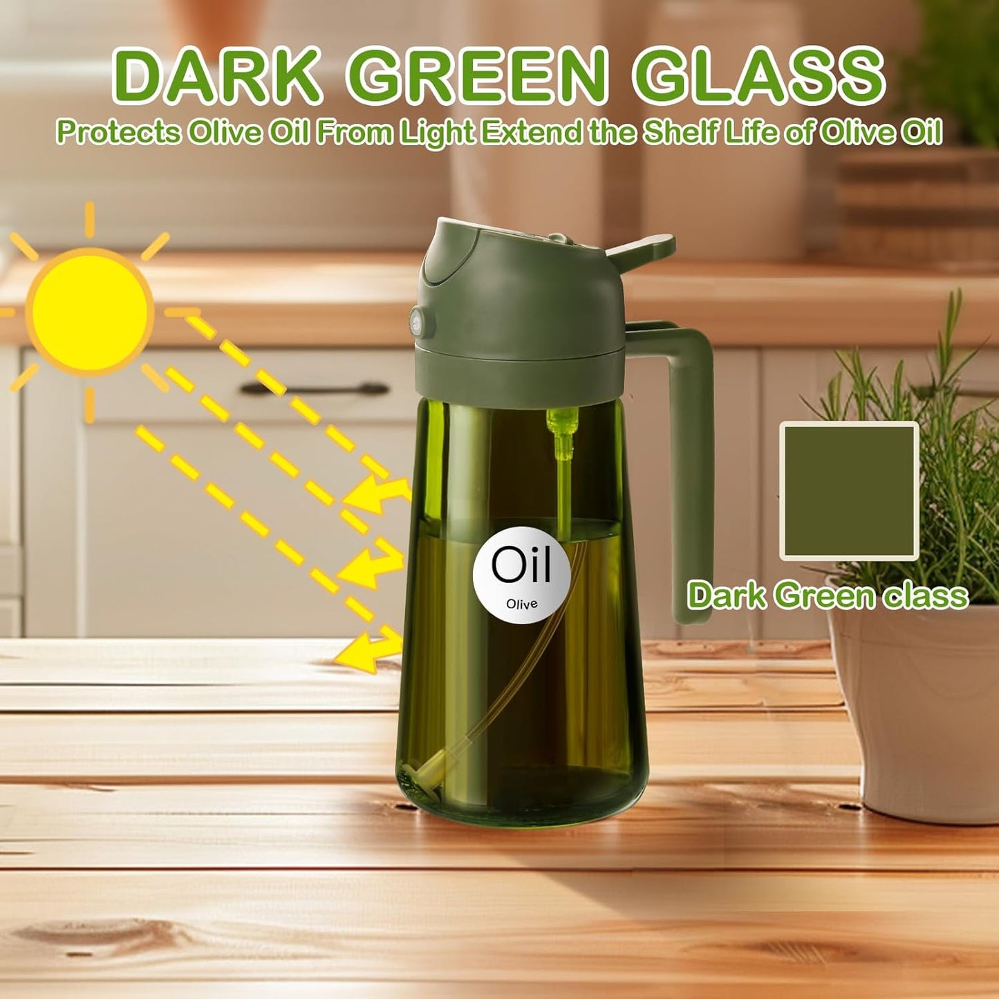 16 oz Dark Glass Olive Oil Sprayer & Dispenser, 2-in-1, Black | Light-blocking dark green glass, food-grade spray and pour bottle for cooking, air fryer, salad and BBQ