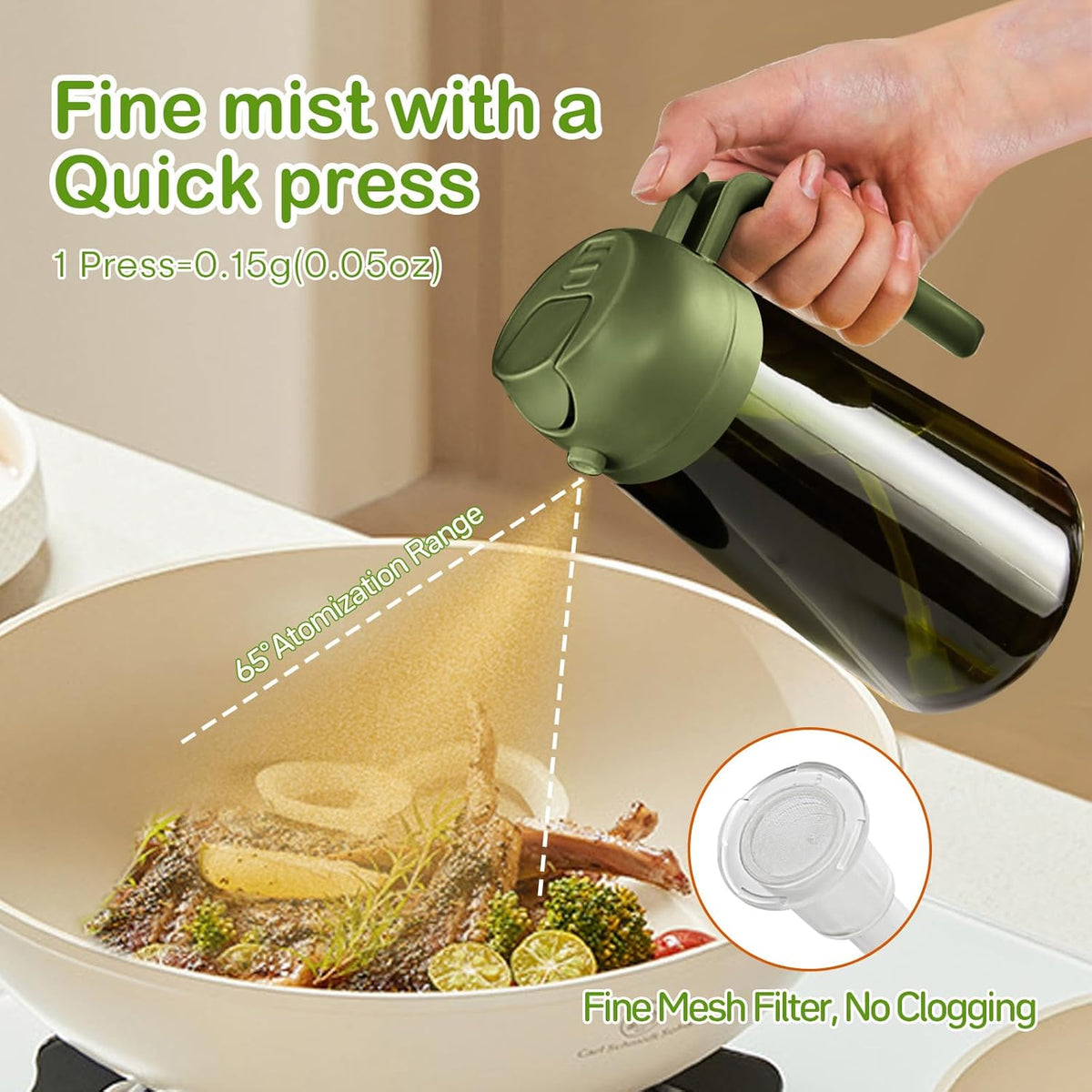 16 oz Dark Glass Olive Oil Sprayer & Dispenser, 2-in-1, Black | Light-blocking dark green glass, food-grade spray and pour bottle for cooking, air fryer, salad and BBQ