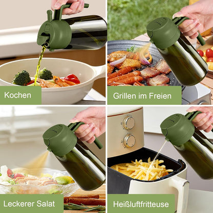 16 oz Dark Glass Olive Oil Sprayer & Dispenser, 2-in-1, Black | Light-blocking dark green glass, food-grade spray and pour bottle for cooking, air fryer, salad and BBQ