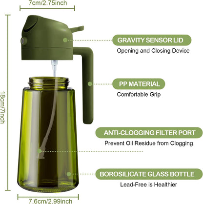 16 oz Dark Glass Olive Oil Sprayer & Dispenser, 2-in-1, Black | Light-blocking dark green glass, food-grade spray and pour bottle for cooking, air fryer, salad and BBQ