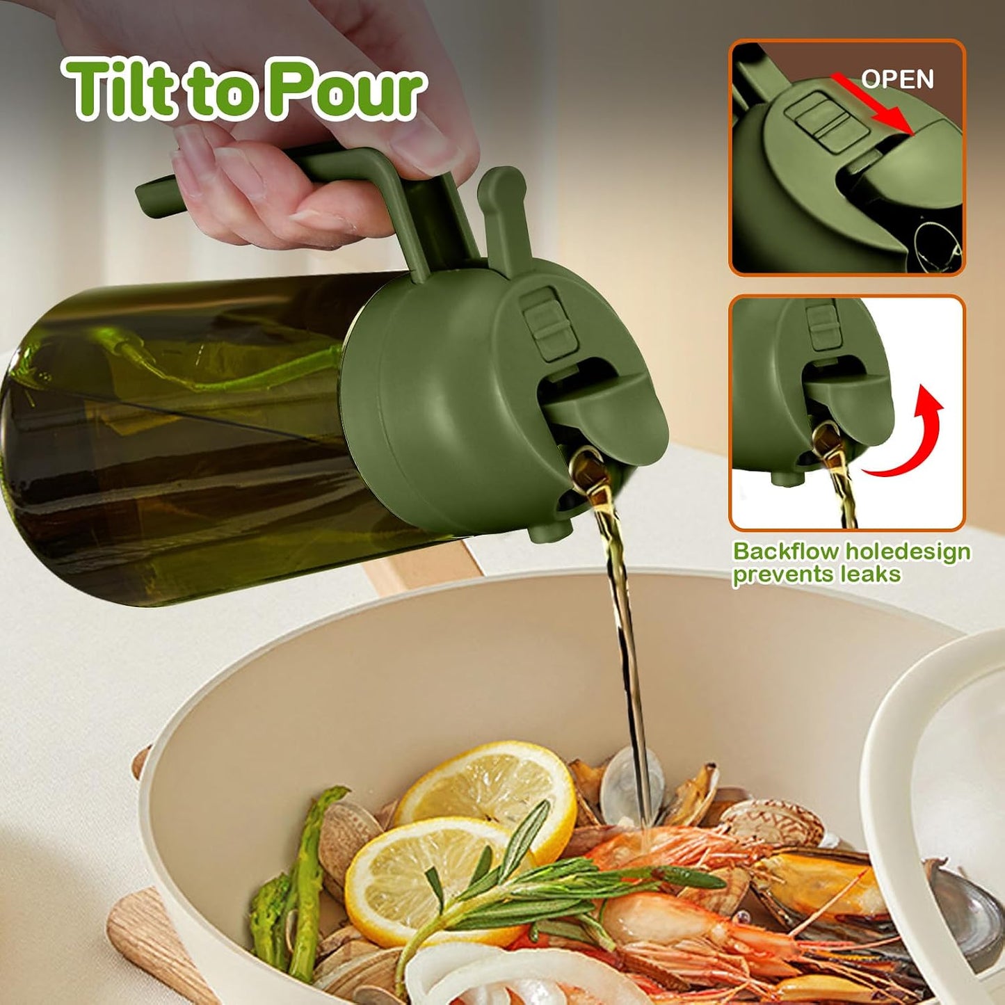 16 oz Dark Glass Olive Oil Sprayer & Dispenser, 2-in-1, Black | Light-blocking dark green glass, food-grade spray and pour bottle for cooking, air fryer, salad and BBQ