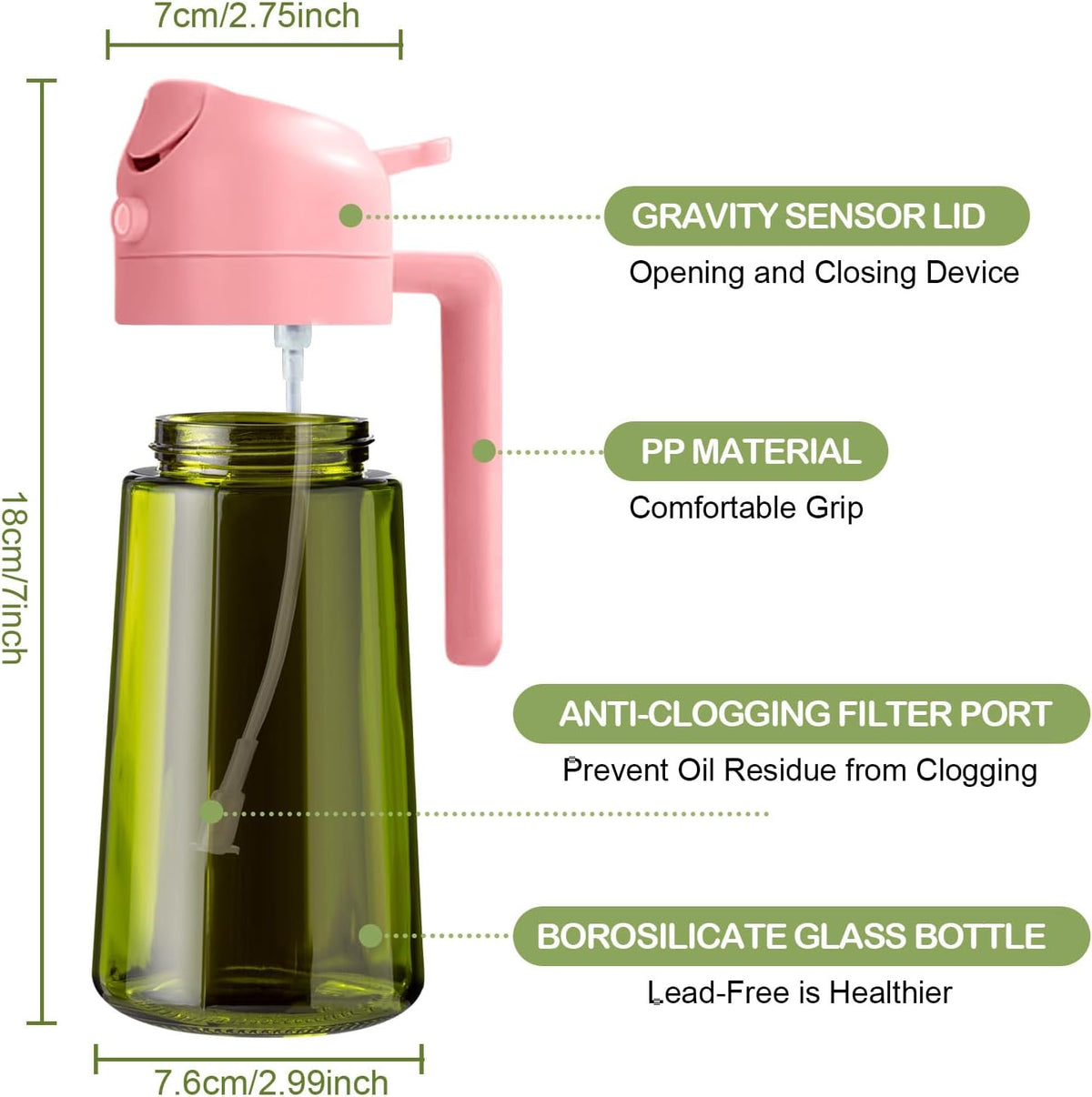 16 oz Dark Glass Olive Oil Sprayer & Dispenser, 2-in-1, Black | Light-blocking dark green glass, food-grade spray and pour bottle for cooking, air fryer, salad and BBQ