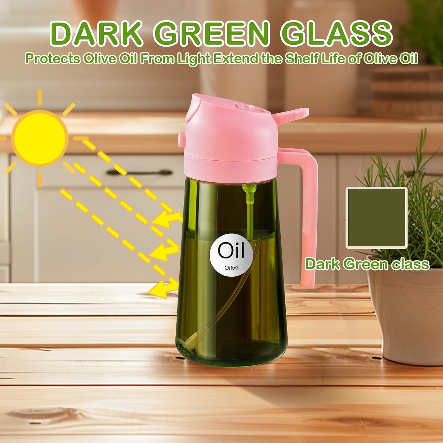 16 oz Dark Glass Olive Oil Sprayer & Dispenser, 2-in-1, Black | Light-blocking dark green glass, food-grade spray and pour bottle for cooking, air fryer, salad and BBQ