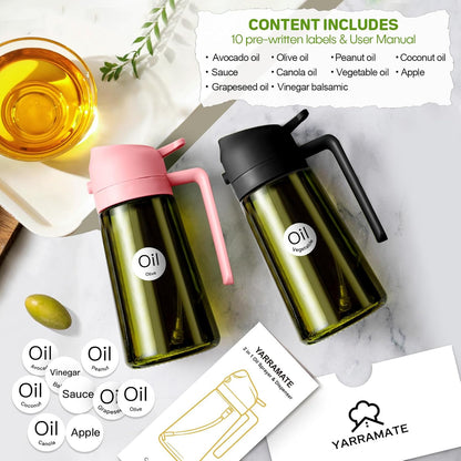 16 oz Dark Glass Olive Oil Sprayer & Dispenser, 2-in-1, Black | Light-blocking dark green glass, food-grade spray and pour bottle for cooking, air fryer, salad and BBQ