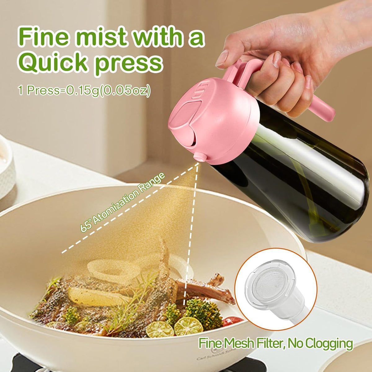 16 oz Dark Glass Olive Oil Sprayer & Dispenser, 2-in-1, Black | Light-blocking dark green glass, food-grade spray and pour bottle for cooking, air fryer, salad and BBQ