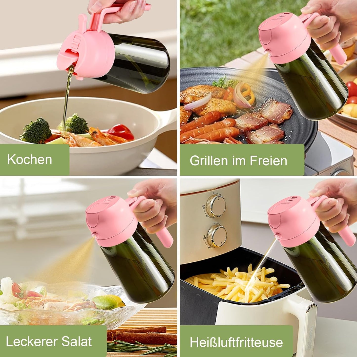 16 oz Dark Glass Olive Oil Sprayer & Dispenser, 2-in-1, Black | Light-blocking dark green glass, food-grade spray and pour bottle for cooking, air fryer, salad and BBQ