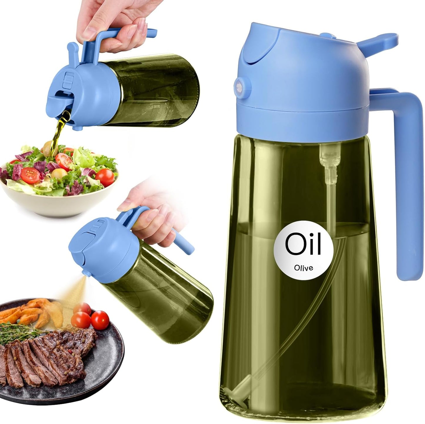 16 oz Dark Glass Olive Oil Sprayer & Dispenser, 2-in-1, Black | Light-blocking dark green glass, food-grade spray and pour bottle for cooking, air fryer, salad and BBQ