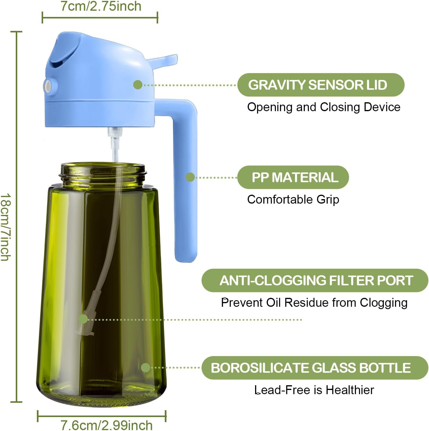 16 oz Dark Glass Olive Oil Sprayer & Dispenser, 2-in-1, Black | Light-blocking dark green glass, food-grade spray and pour bottle for cooking, air fryer, salad and BBQ
