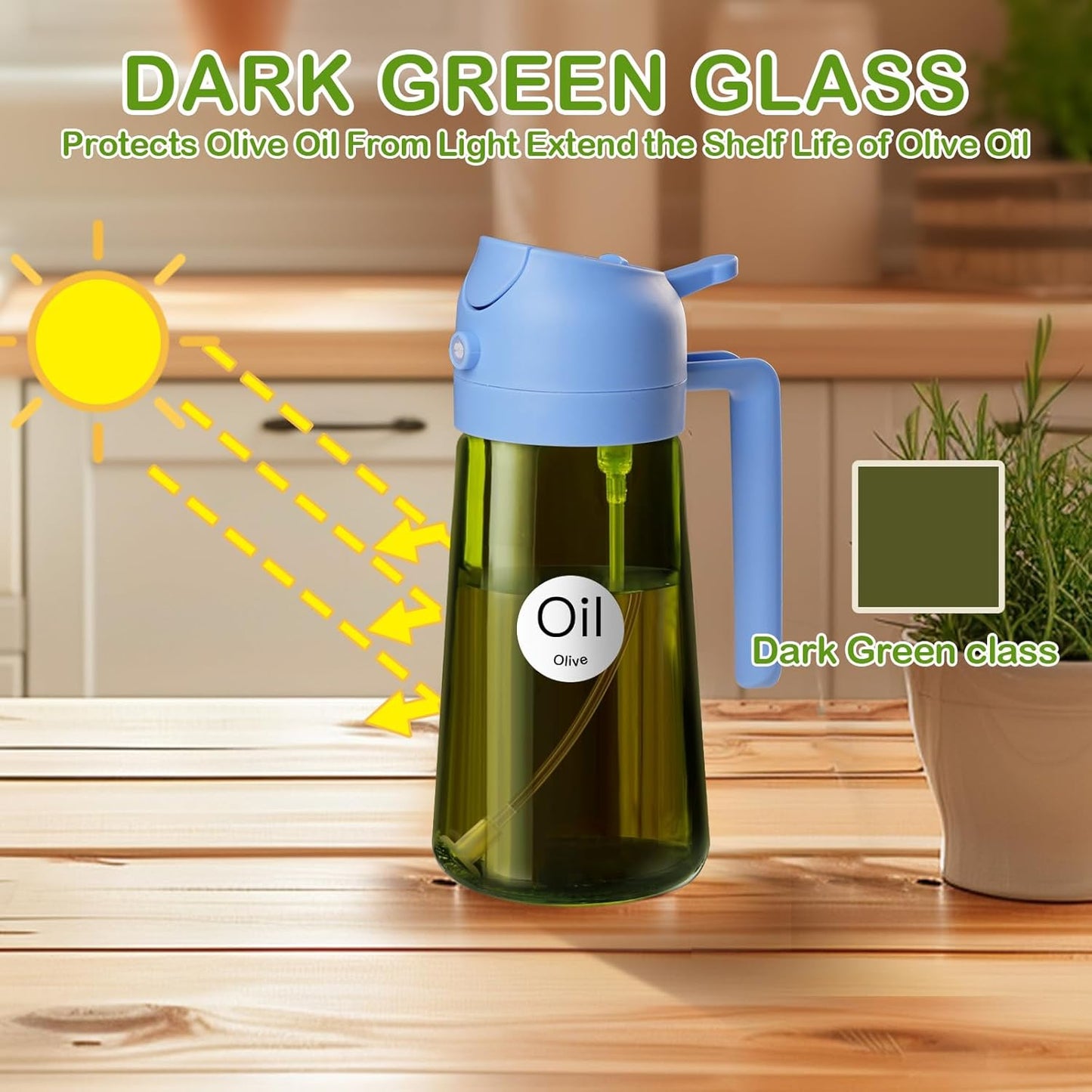 16 oz Dark Glass Olive Oil Sprayer & Dispenser, 2-in-1, Black | Light-blocking dark green glass, food-grade spray and pour bottle for cooking, air fryer, salad and BBQ