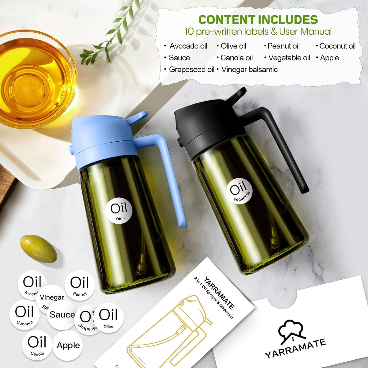 16 oz Dark Glass Olive Oil Sprayer & Dispenser, 2-in-1, Black | Light-blocking dark green glass, food-grade spray and pour bottle for cooking, air fryer, salad and BBQ