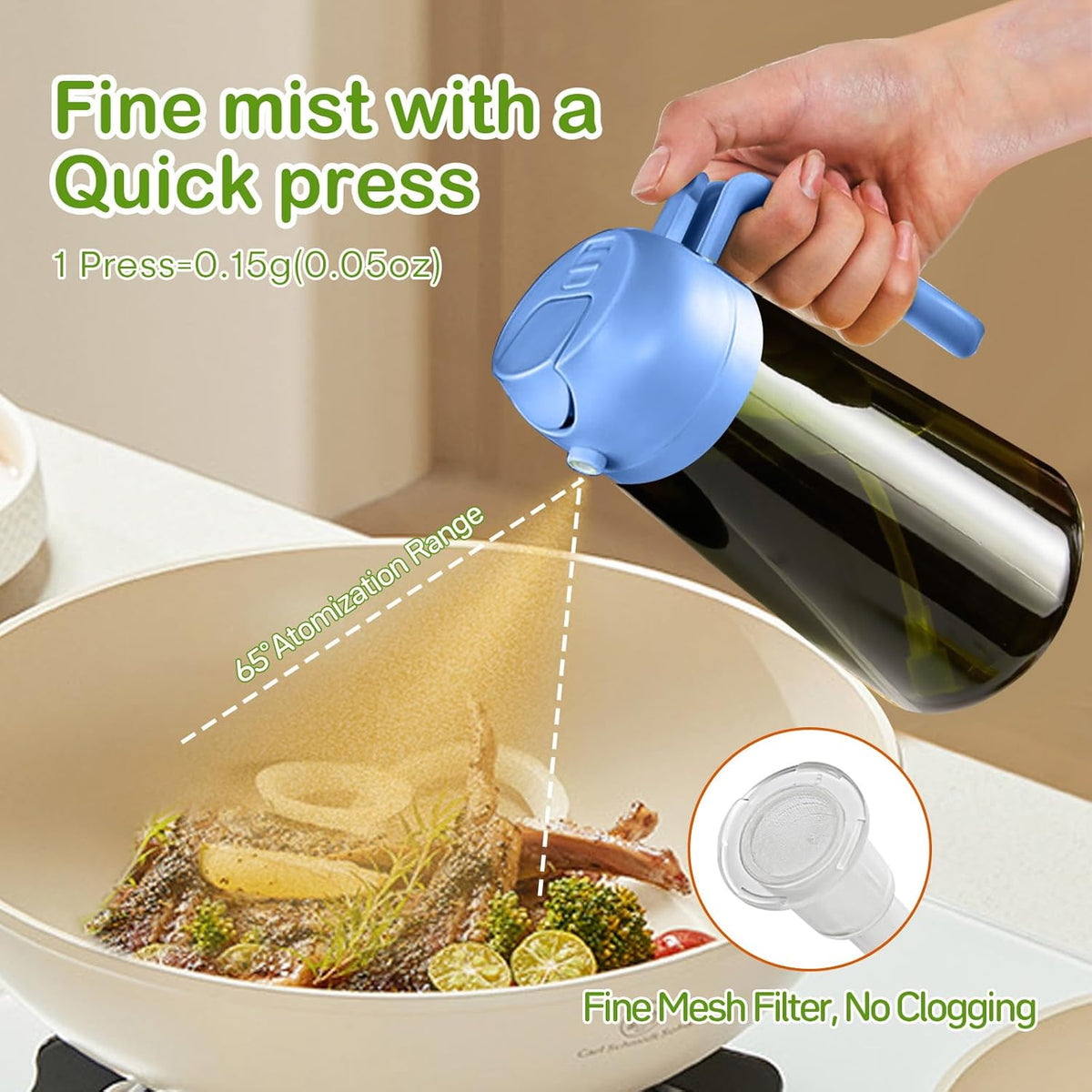 16 oz Dark Glass Olive Oil Sprayer & Dispenser, 2-in-1, Black | Light-blocking dark green glass, food-grade spray and pour bottle for cooking, air fryer, salad and BBQ