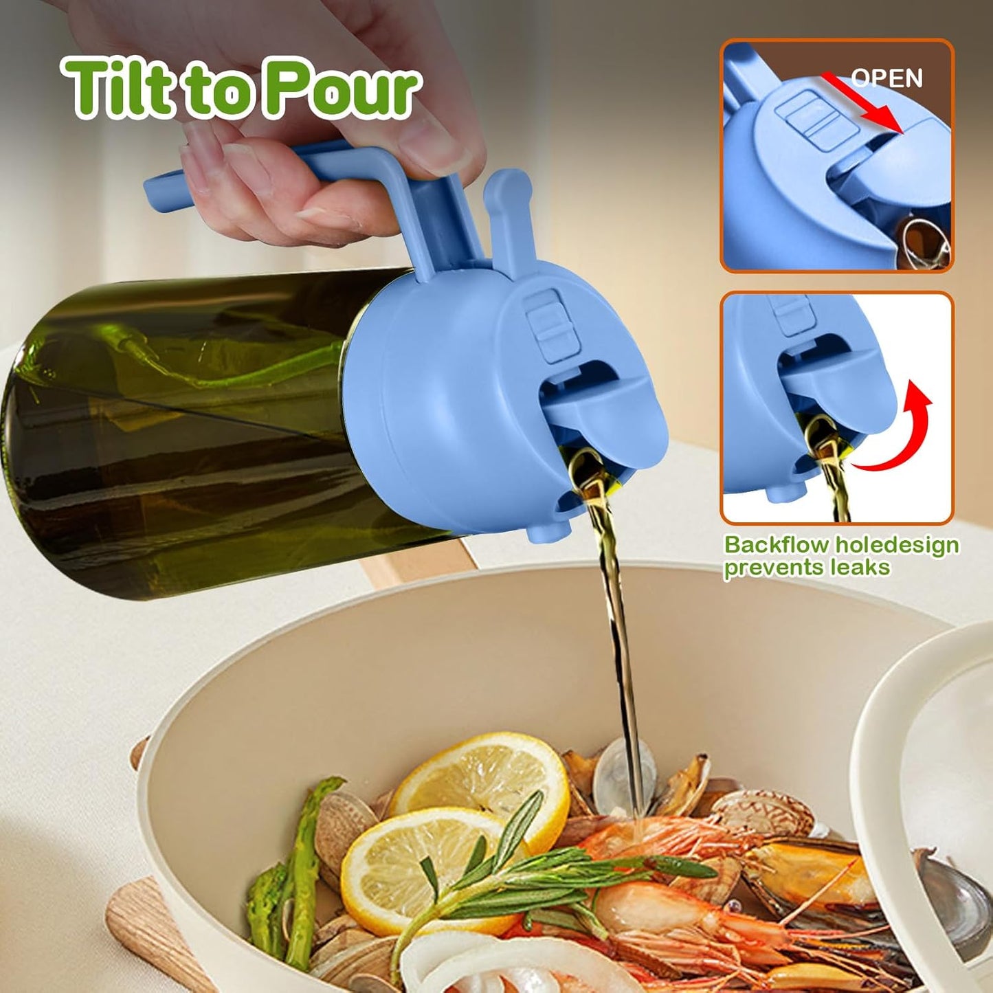 16 oz Dark Glass Olive Oil Sprayer & Dispenser, 2-in-1, Black | Light-blocking dark green glass, food-grade spray and pour bottle for cooking, air fryer, salad and BBQ