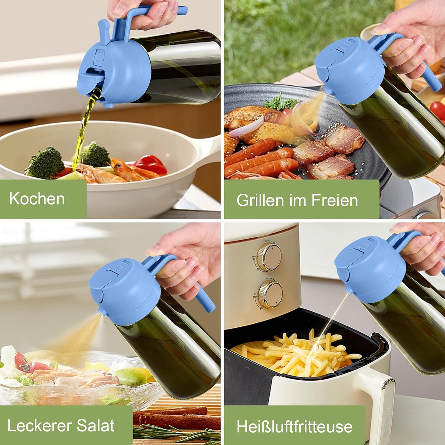 16 oz Dark Glass Olive Oil Sprayer & Dispenser, 2-in-1, Black | Light-blocking dark green glass, food-grade spray and pour bottle for cooking, air fryer, salad and BBQ