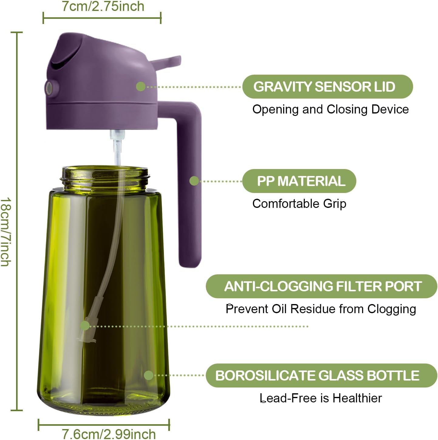 16 oz Dark Glass Olive Oil Sprayer & Dispenser, 2-in-1, Black | Light-blocking dark green glass, food-grade spray and pour bottle for cooking, air fryer, salad and BBQ